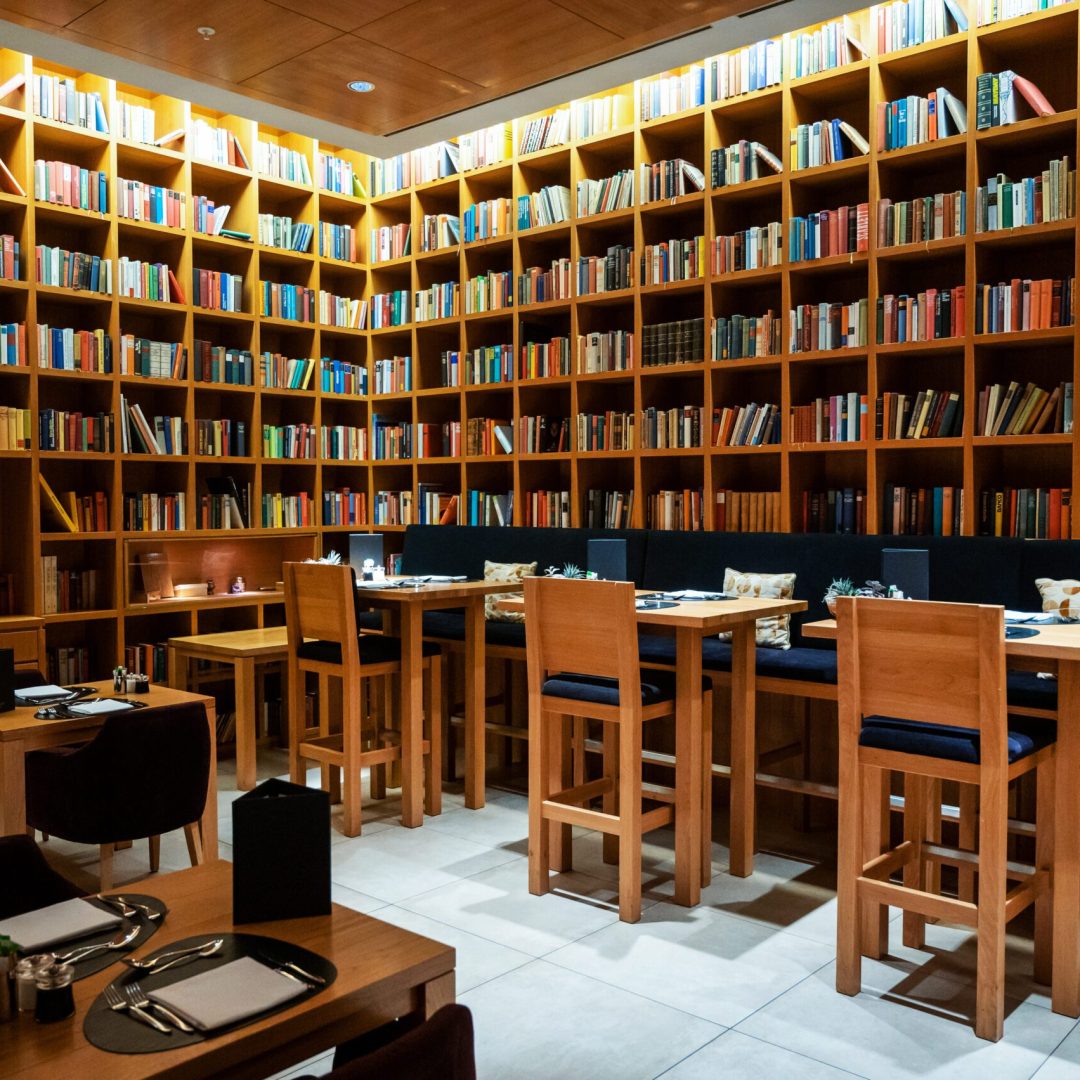 Interior of a cafe Frankfurt, Germany. Bookshelves